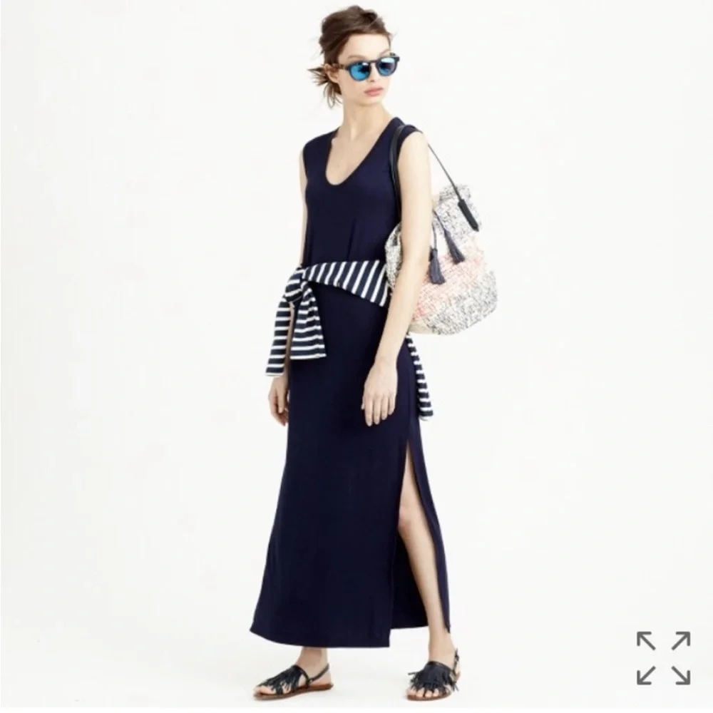 J Crew maxi tank‎ dress small navy blue side slit scoopneck stretch jersey C1536
